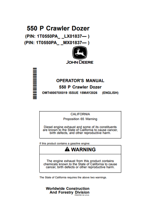 JOHN DEERE 550 P CRAWLER DOZER OPERATOR MANUAL OMT480070X019