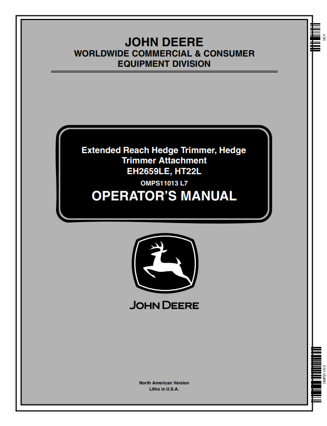 JOHN DEERE EH2659LE, HT22L EXTENDED REACH HEDGE TRIMMER, HEDGE TRIMMER ATTACHMENT OPERATOR MANUAL OMPS11013