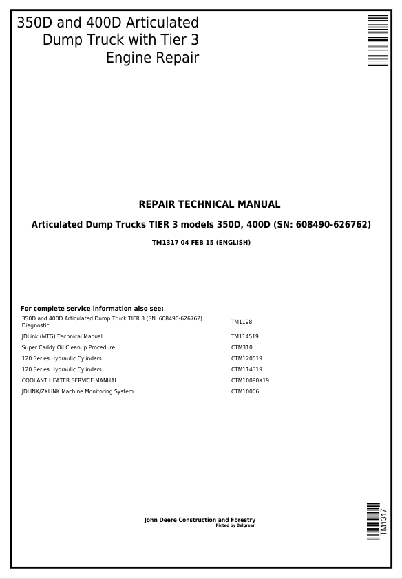 JOHN DEERE 350D, 400D ARTICULATED DUMP TRUCK REPAIR TECHNICAL MANUAL TM1317
