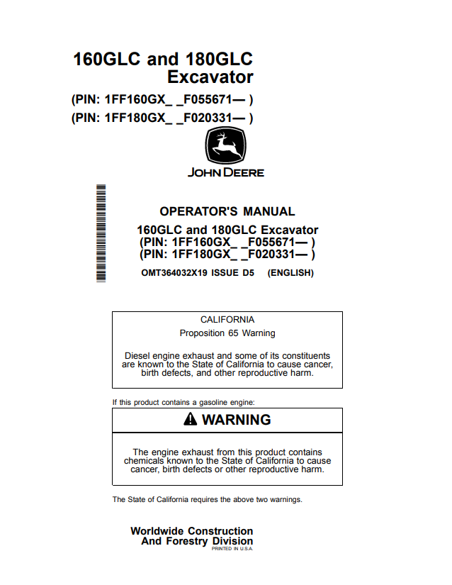 JOHN DEERE 160GLC AND 180GLC EXCAVATOR OPERATOR MANUAL OMT364032X19
