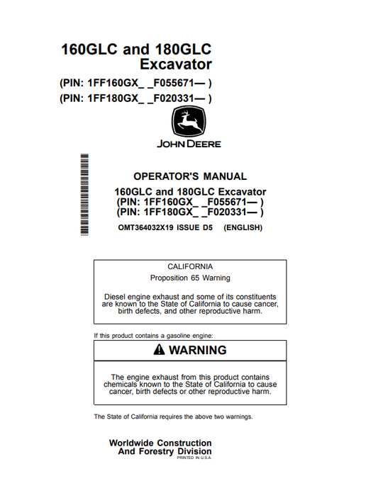 JOHN DEERE 160GLC AND 180GLC EXCAVATOR OPERATOR MANUAL OMT364032X19