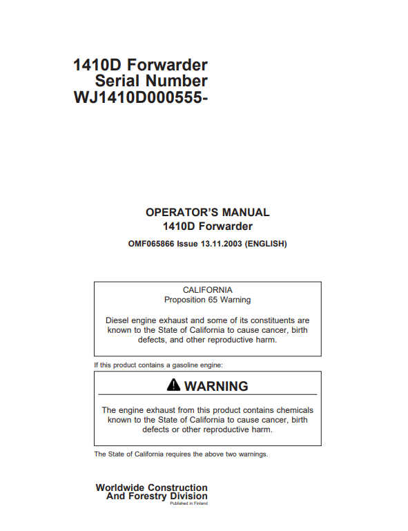 JOHN DEERE 1410D FORWARDER OPERATOR MANUAL OMF065866