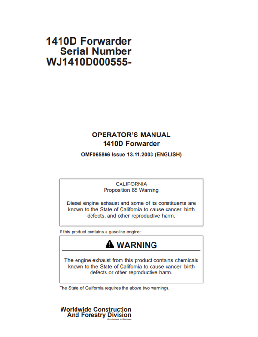 JOHN DEERE 1410D FORWARDER OPERATOR MANUAL OMF065866