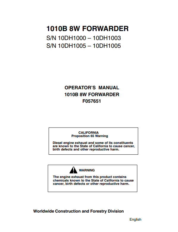 JOHN DEERE 1010B 8W FORWARDER OPERATOR MANUAL F057651