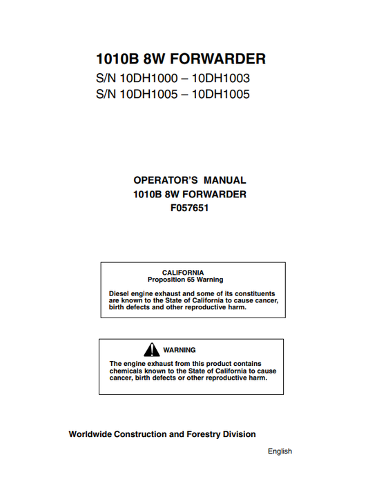JOHN DEERE 1010B 8W FORWARDER OPERATOR MANUAL F057651