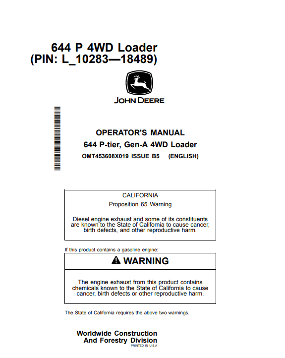 JOHN DEERE 644 P-TIER, GEN-A 4WD LOADER OPERATOR MANUAL OMT453608X019