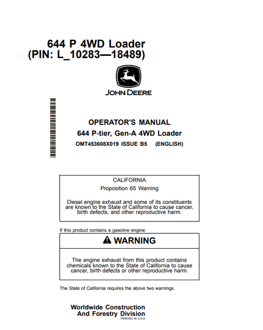 JOHN DEERE 644 P-TIER, GEN-A 4WD LOADER OPERATOR MANUAL OMT453608X019