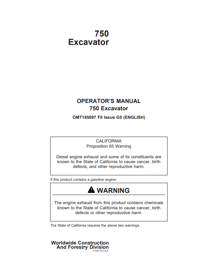 JOHN DEERE 750 EXCAVATOR OPERATOR MANUAL OMT185897