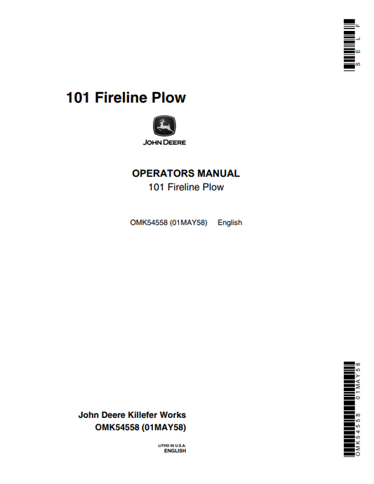 JOHN DEERE 101 FIRELINE PLOW OPERATOR MANUAL OMK54558