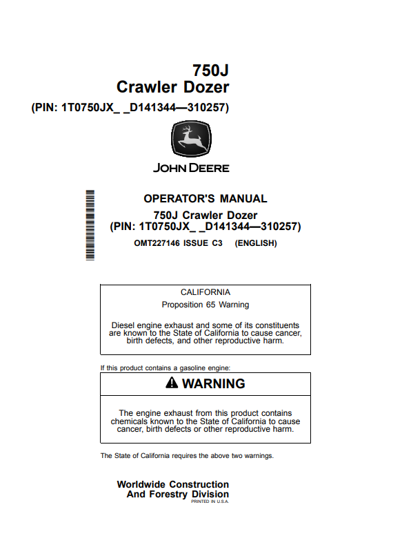 JOHN DEERE 750J CRAWLER DOZER OPERATOR MANUAL OMT227146