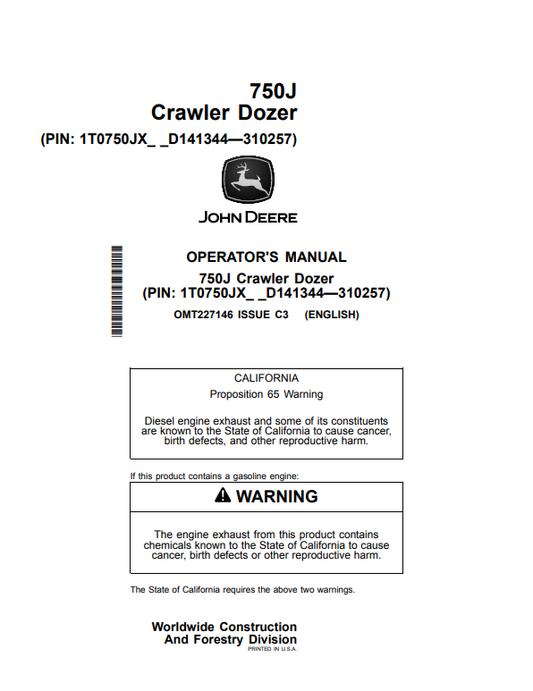 JOHN DEERE 750J CRAWLER DOZER OPERATOR MANUAL OMT227146
