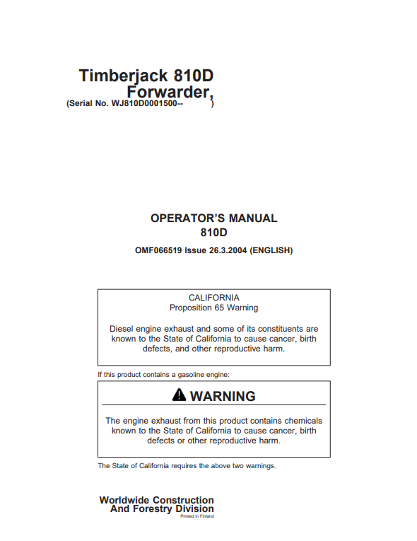 JOHN DEERE TIMBERJACK 810D FORWARDER OPERATOR MANUAL OMF066519