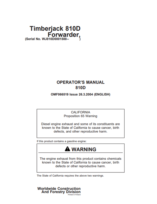 JOHN DEERE TIMBERJACK 810D FORWARDER OPERATOR MANUAL OMF066519