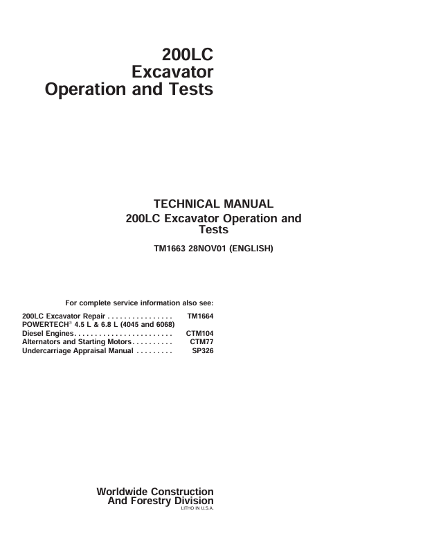 JOHN DEERE 200LC EXCAVATOR OPERATION AND TEST TECHNICAL MANUAL TM1663