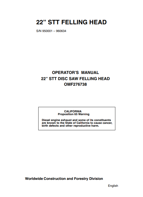 JOHN DEERE 22 STT DISC SAW FELLING HEAD OPERATOR MANUAL OMF276738