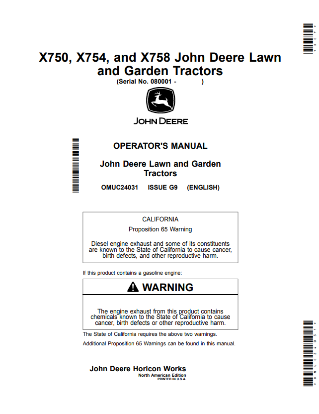 JOHN DEERE X750, X754, AND X758 LAWN AND GARDEN TRACTOR OPERATOR MANUAL OMUC24031
