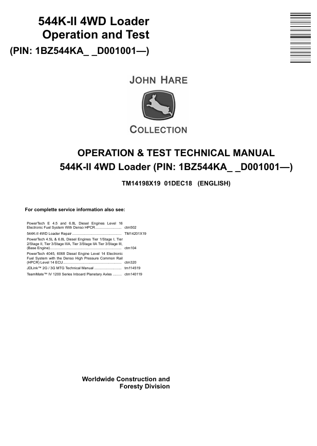 JOHN DEERE 544K-II 4WD LOADER OPERATION AND TEST TECHNICAL MANUAL TM14198X19