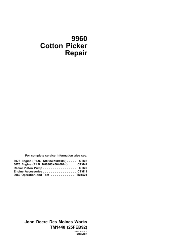 JOHN DEERE 9960 COTTON PICKER REPAIR MANUAL TM1448