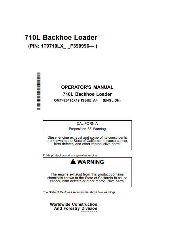 JOHN DEERE 710L BACKHOE LOADER OPERATOR MANUAL OMT426490X19