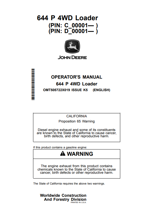 JOHN DEERE 644 P 4WD LOADER OPERATOR MANUAL OMT505722X019