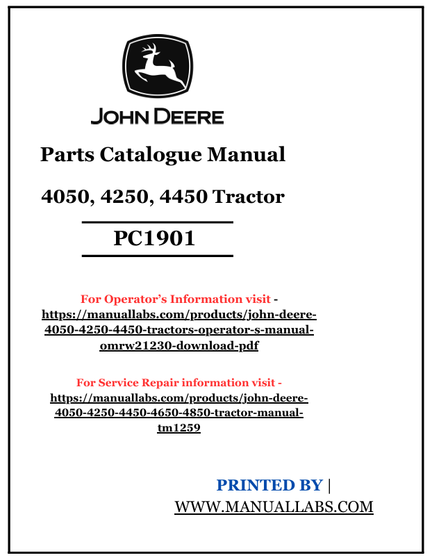 JOHN DEERE 4050, 4250, 4450 TRACTOR PARTS CATALOGUE MANUAL PC1901