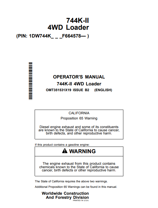 JOHN DEERE 744K-II 4WD LOADER OPERATOR MANUAL OMT351531X19