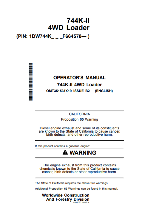JOHN DEERE 744K-II 4WD LOADER OPERATOR MANUAL OMT351531X19
