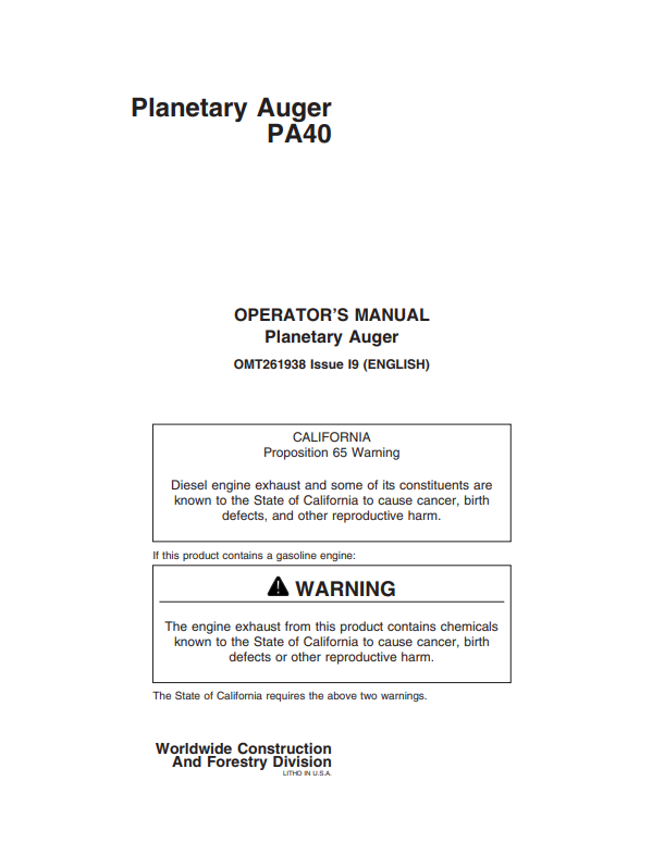 JOHN DEERE PA40 PLANETARY AUGER OPERATOR MANUAL OMT261938