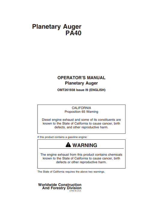 JOHN DEERE PA40 PLANETARY AUGER OPERATOR MANUAL OMT261938