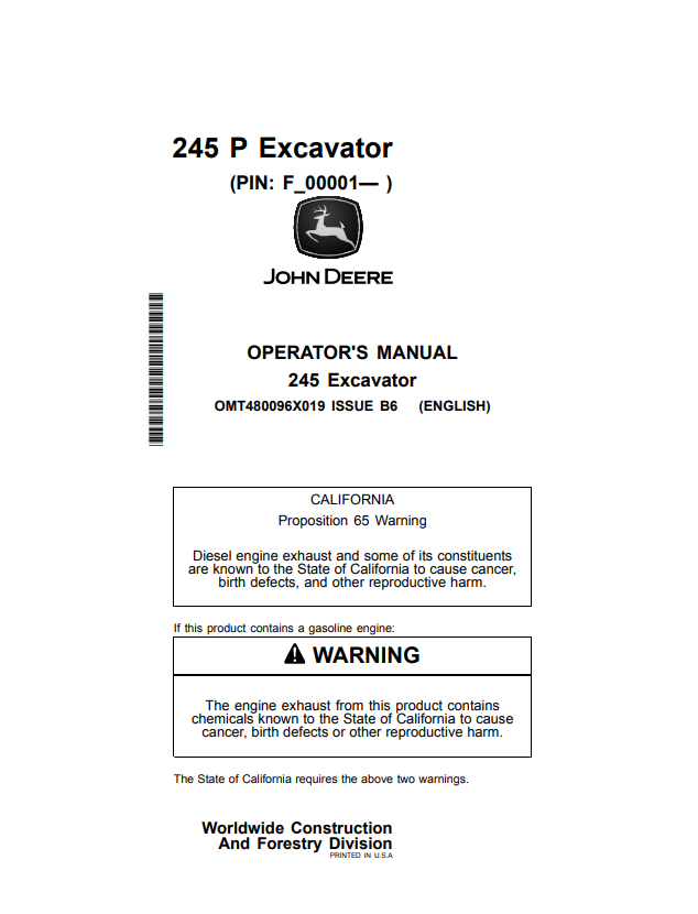 JOHN DEERE 245 EXCAVATOR OPERATOR MANUAL OMT480096X019