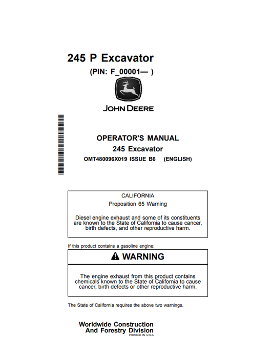 JOHN DEERE 245 EXCAVATOR OPERATOR MANUAL OMT480096X019