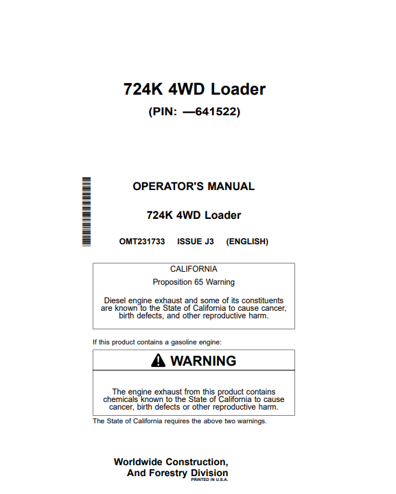 JOHN DEERE 724K 4WD LOADER OPERATOR MANUAL OMT231733