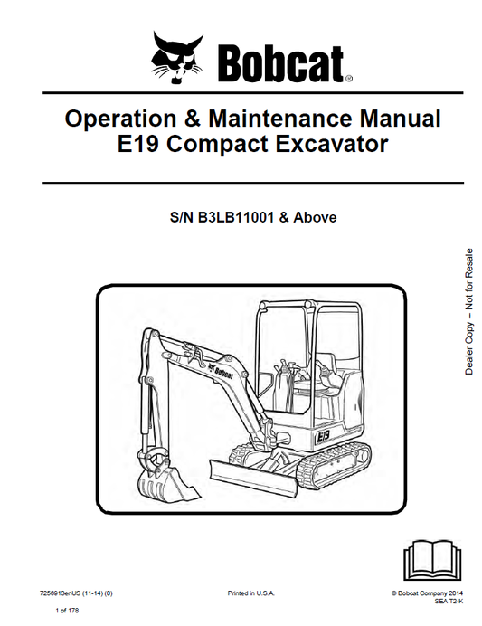 BOBCAT E19 Compact Excavator Operation & Maintenance Manual PDF