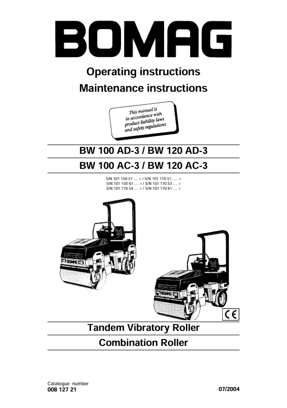 BOMAG BW100 AD-3 BW120 AC-3 Roller Operating & Maintenance Manual PDF