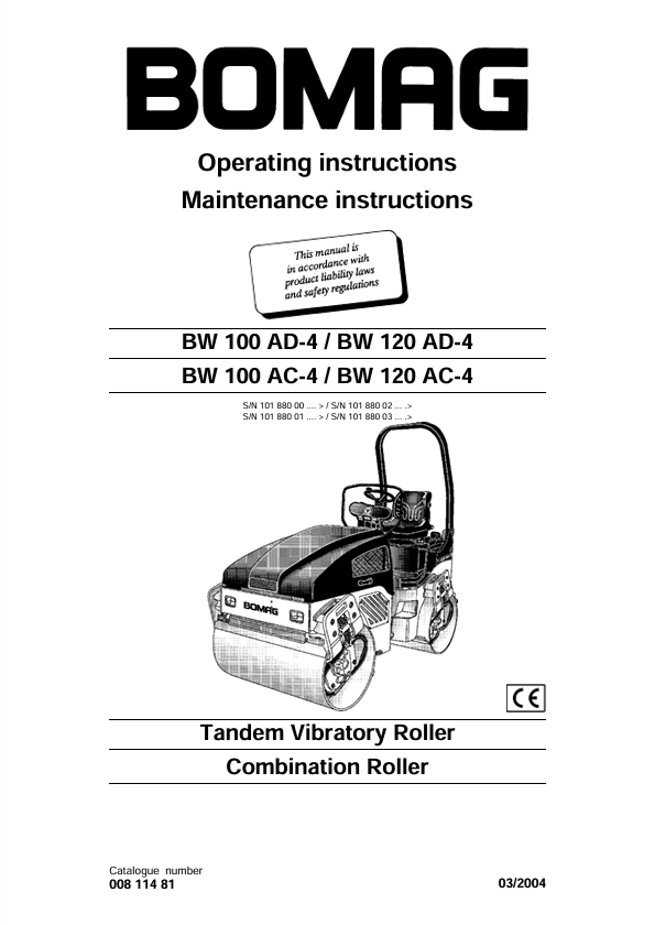BOMAG BW100 AD-4 & BW120 AD-4 Roller Manual 00811481 PDF