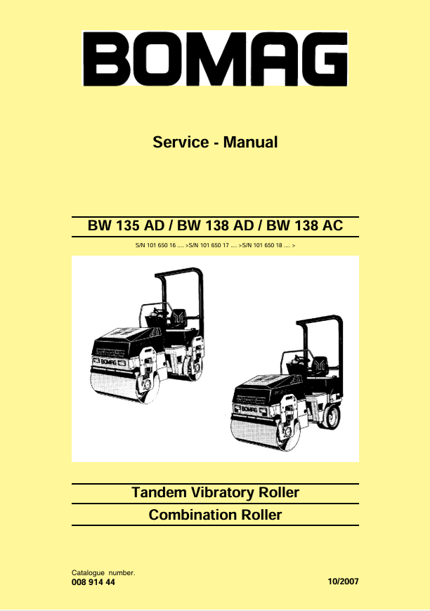 BOMAG BW135AD Combination Roller Service Manual 00891444 PDF