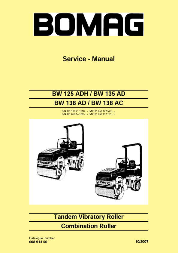BOMAG BW138AD Combination Roller Service Manual 00891456 PDF