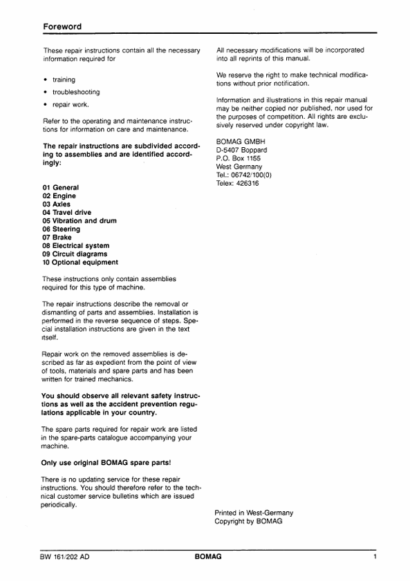 BOMAG BW161 AD-2 Instruction & Repair Manual 00819132.I91 PDF