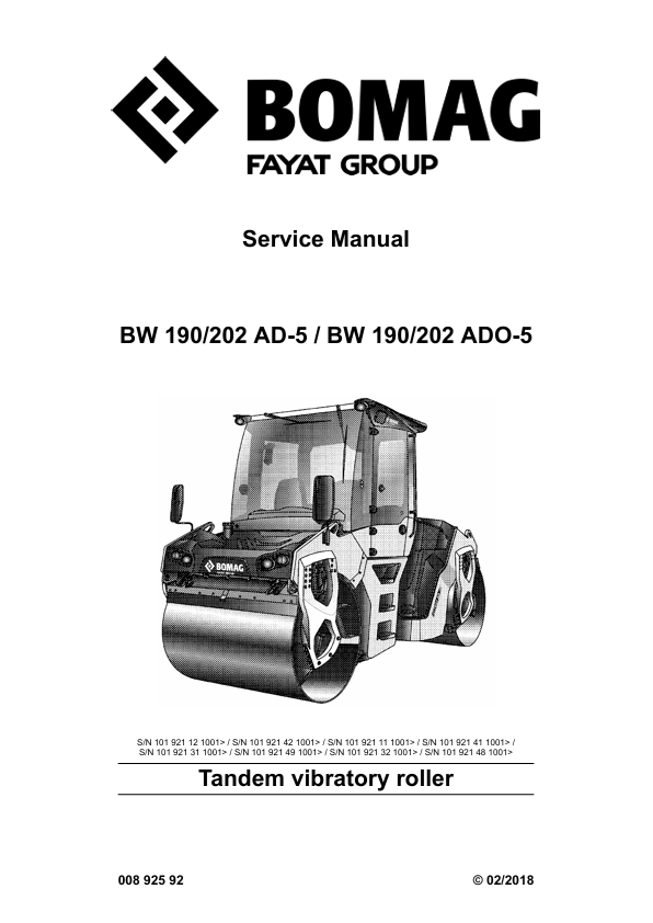 BOMAG BW190ADO-5 Tandem Vibratory Roller Service Manual PDF