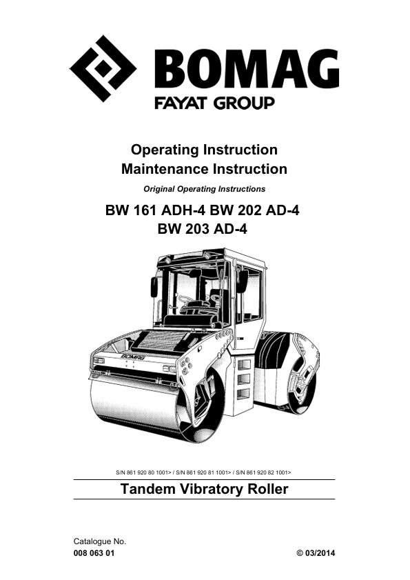 BOMAG BW202 AD-4 Operating & Maintenance Manual 00806301 PDF