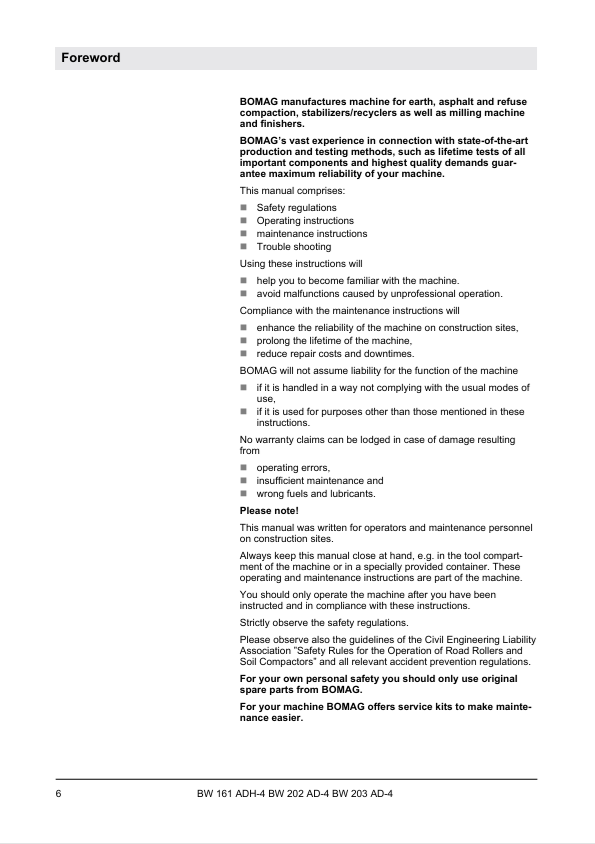 BOMAG BW203AD-4 Roller Operating & Maintenance Manual PDF