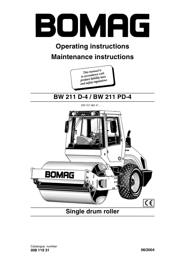 BOMAG BW211D-4 Maintenance & Operation Instruction Manual 00811931 PDF