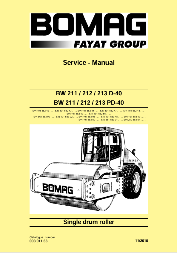 BOMAG BW212D-40 & PD-40 Roller Service Manual 00891163 PDF
