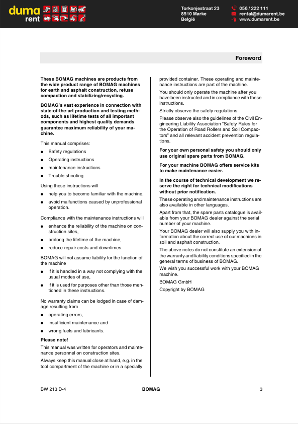 BOMAG BW213D-4 Maintenance & Operating Manual 05.2012 PDF