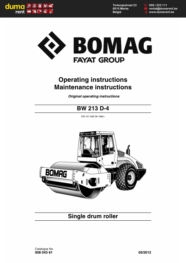 BOMAG BW213 D-4 Maintenance & Operating Instructions Manual PDF