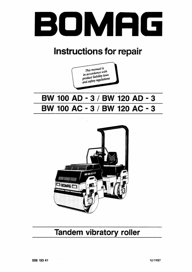 BOMAG BW 100 AD-3 & BW 120 AD-3 Tandem Roller Repair Manual PDF