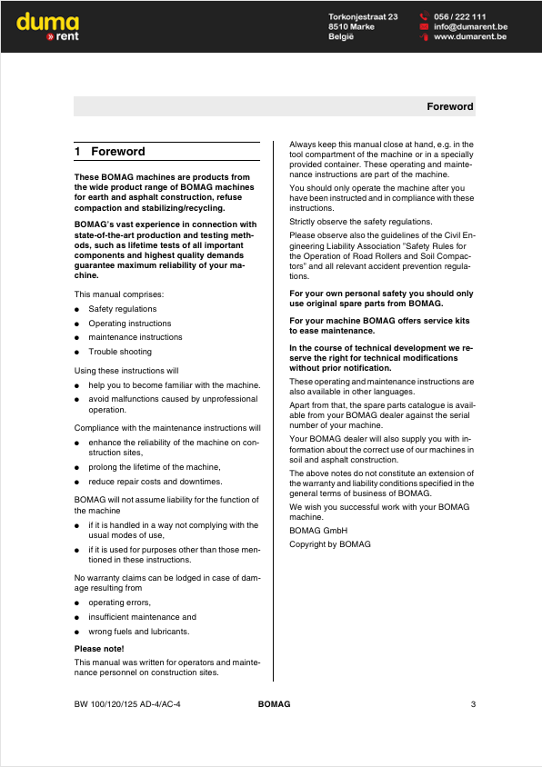 BOMAG BW 100 AD-4 BW 125 AC-4 Vibratory Roller Manual PDF