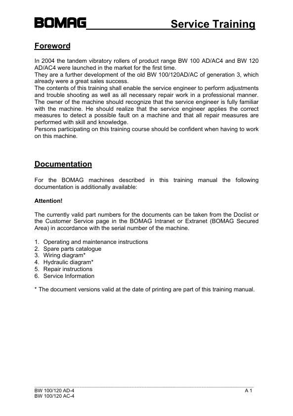 BOMAG BW 100 AD/AC & BW 120 AD/AC Series 4 Training Manual PDF