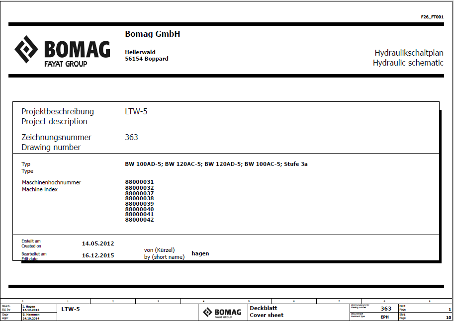 BOMAG BW 120 AD-5 Tandem Vibratory Roller Electric & Hydraulic Schematic Diagram Manual (SN: 861880421001 - 861880429999)