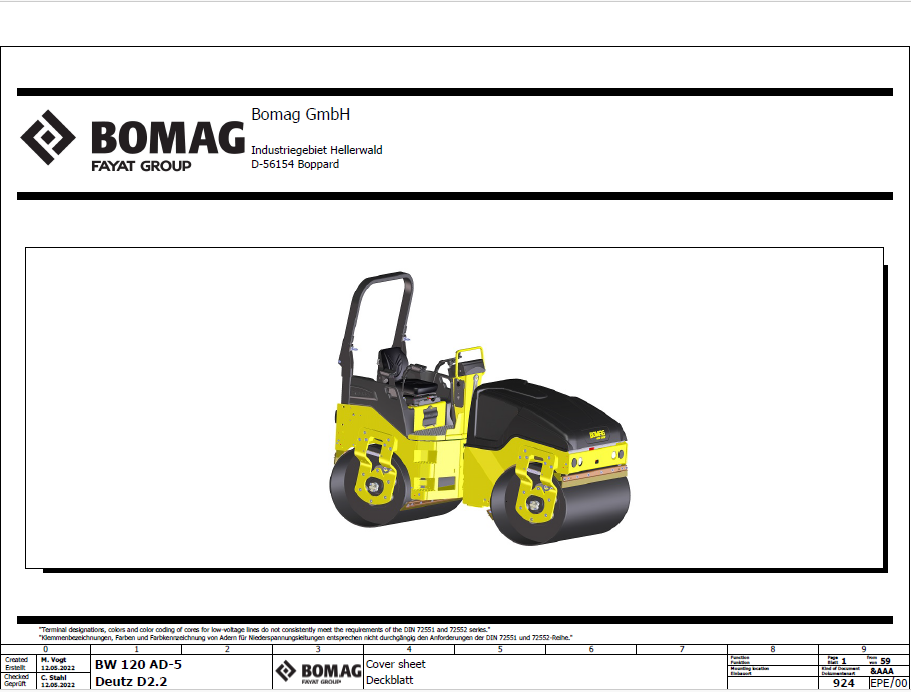 BOMAG BW 120 SL-5 Tandem Vibratory Roller Electric Schematic Diagram Manual (PIN 101880801001 - 101880809999)